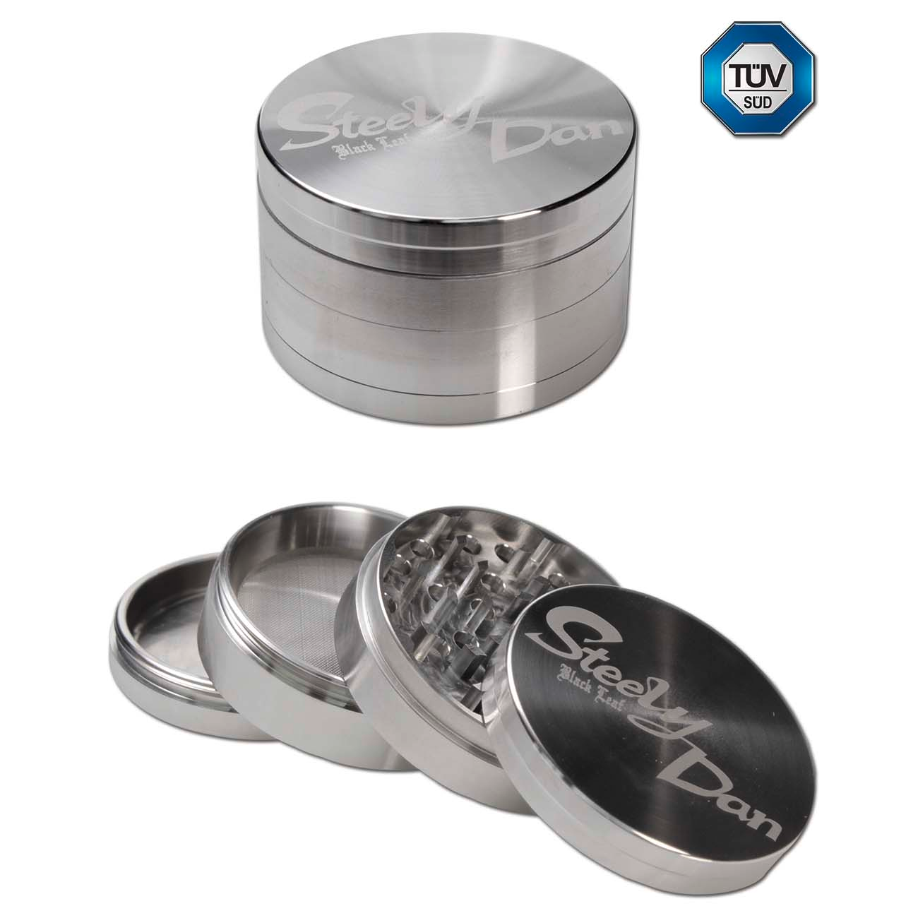 Black Leaf Steely Dan Edelstahl-Grinder (groß) 4-tlg. 59/56,5mm h.37mm inkl. Reisverschlusstasche
