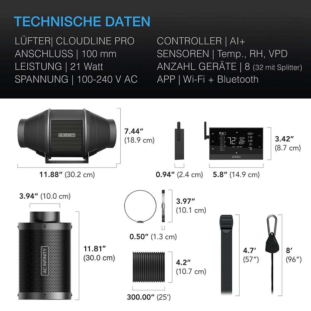 Ac Infinity Luftfilter-Set PRO > AI+< 100mm. Inline-Ventilator mit Controller Ai+und Aktivkohlefilter