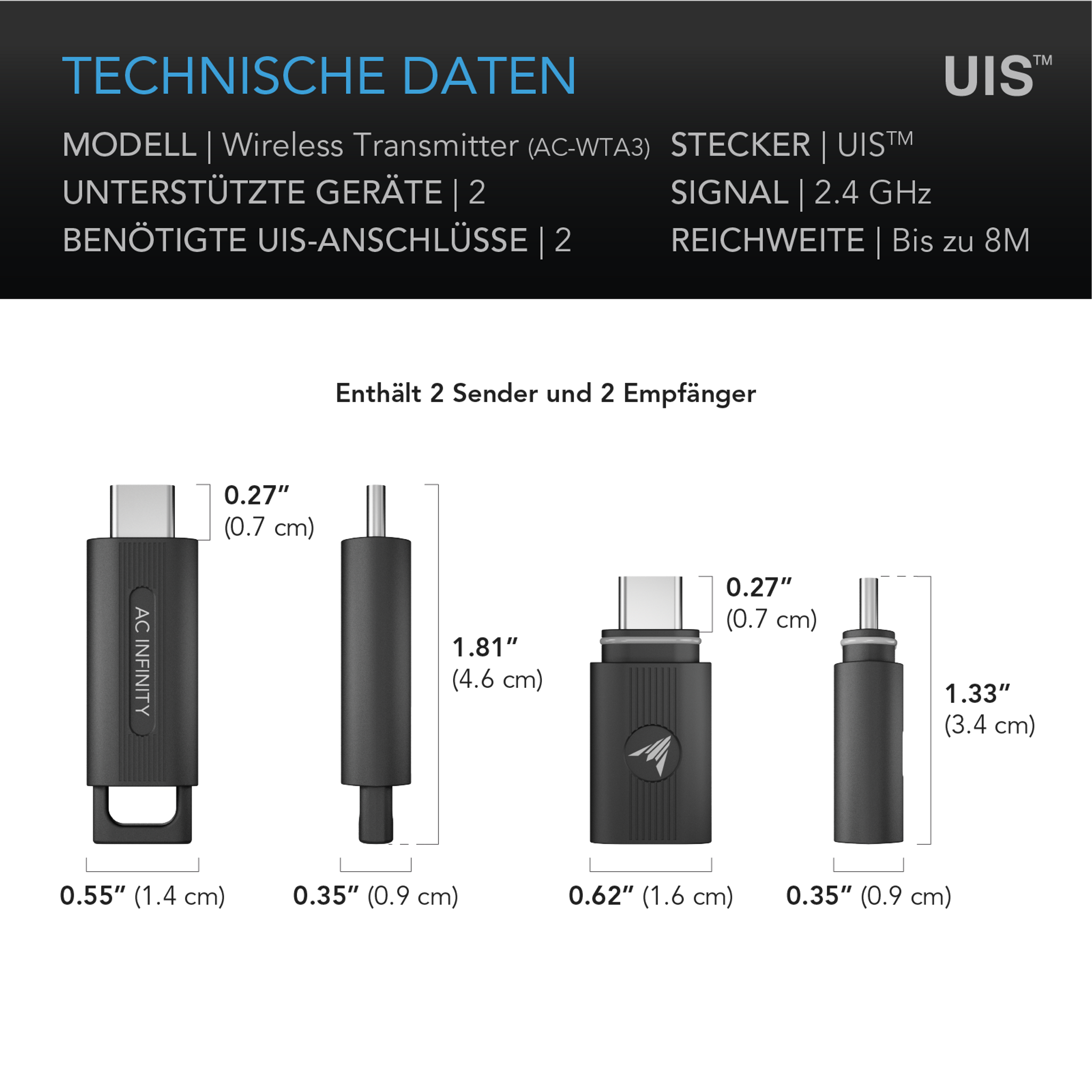 AC Infinity UIS Wireless Transmitter 1-zu-1 Sender & Empfänger, Verbindet UIS-Geräte und Controller Drahtlos, 2er-Pack