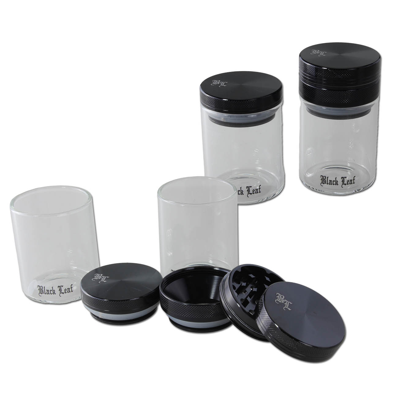 Black Leaf Grinder-Set (Alu-Grinder, schwarz, 3-tlg. mit Glas + Vorratsglas)