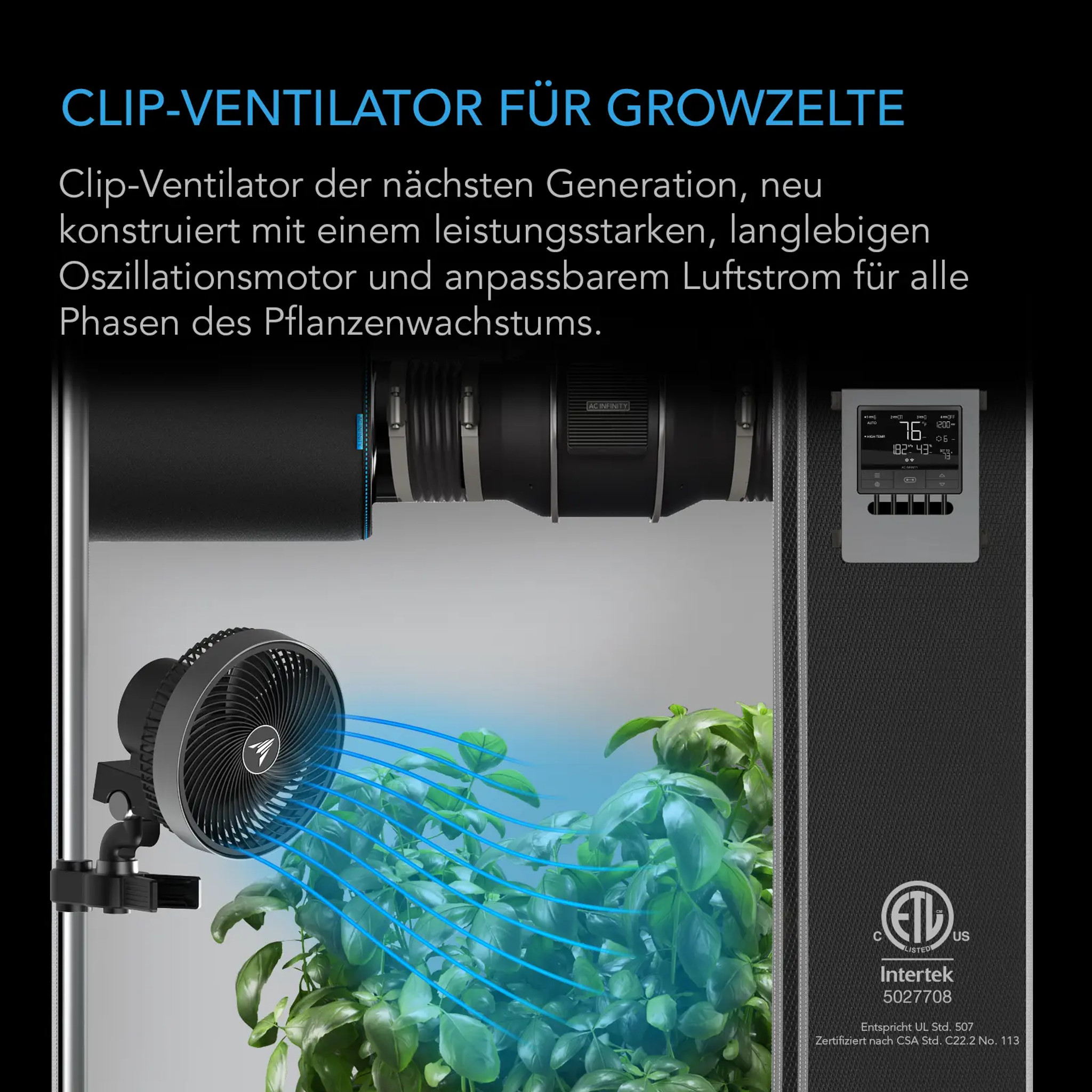CLOUDRAY S9, GEN 2, Growzelt-Clip-Ventilator 225 mm, EC-Motor, automatische Oszillation, 10-stufigen dynamischen Windmodi und Lüftergeschwindigkeiten