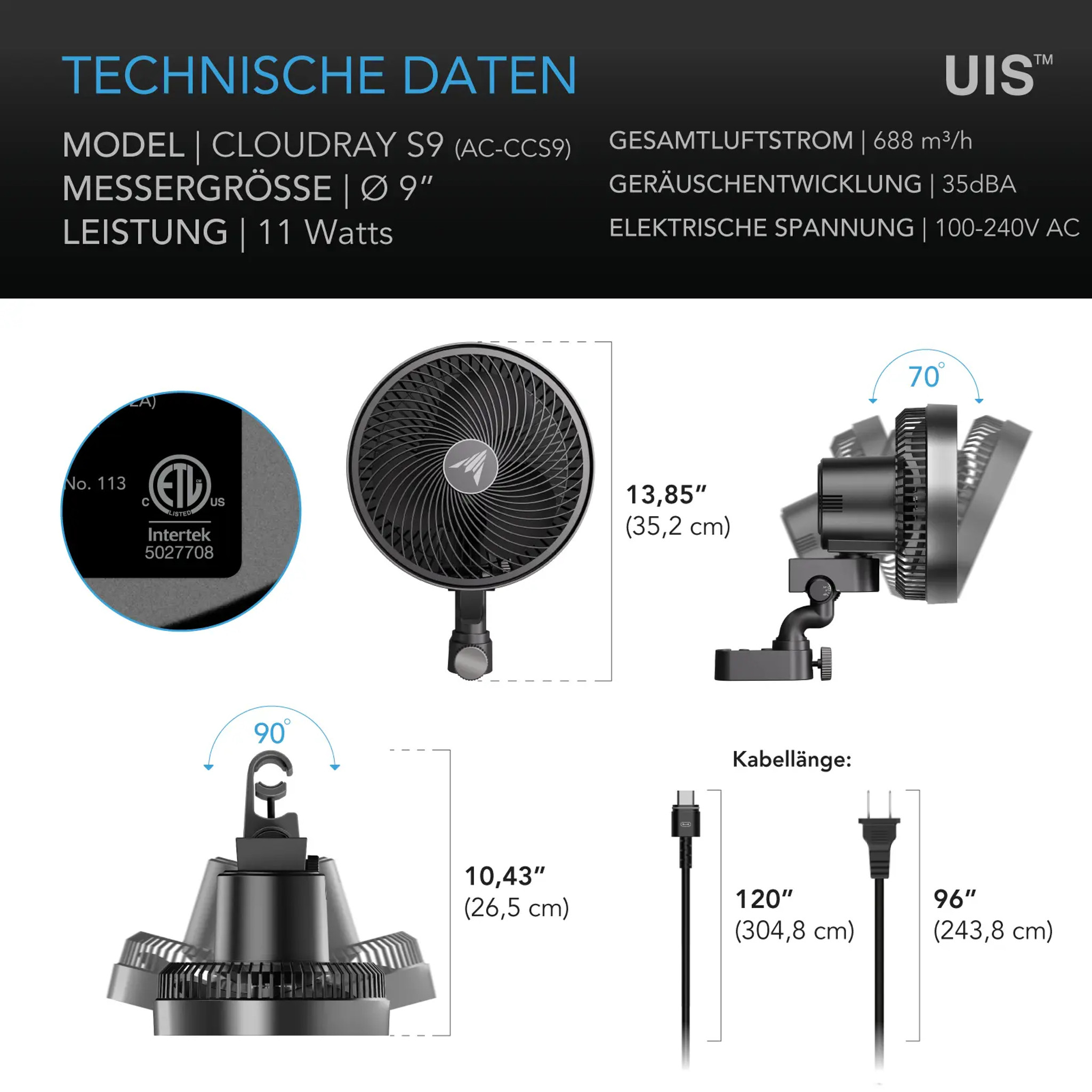 AC Infinity CLOUDRAY S9, GEN 2, Growzelt-Clip-Ventilator 225 mm AC Infinity CLOUDRAY S9, GEN 2, Growzelt-Clip-Ventilator 225 mm