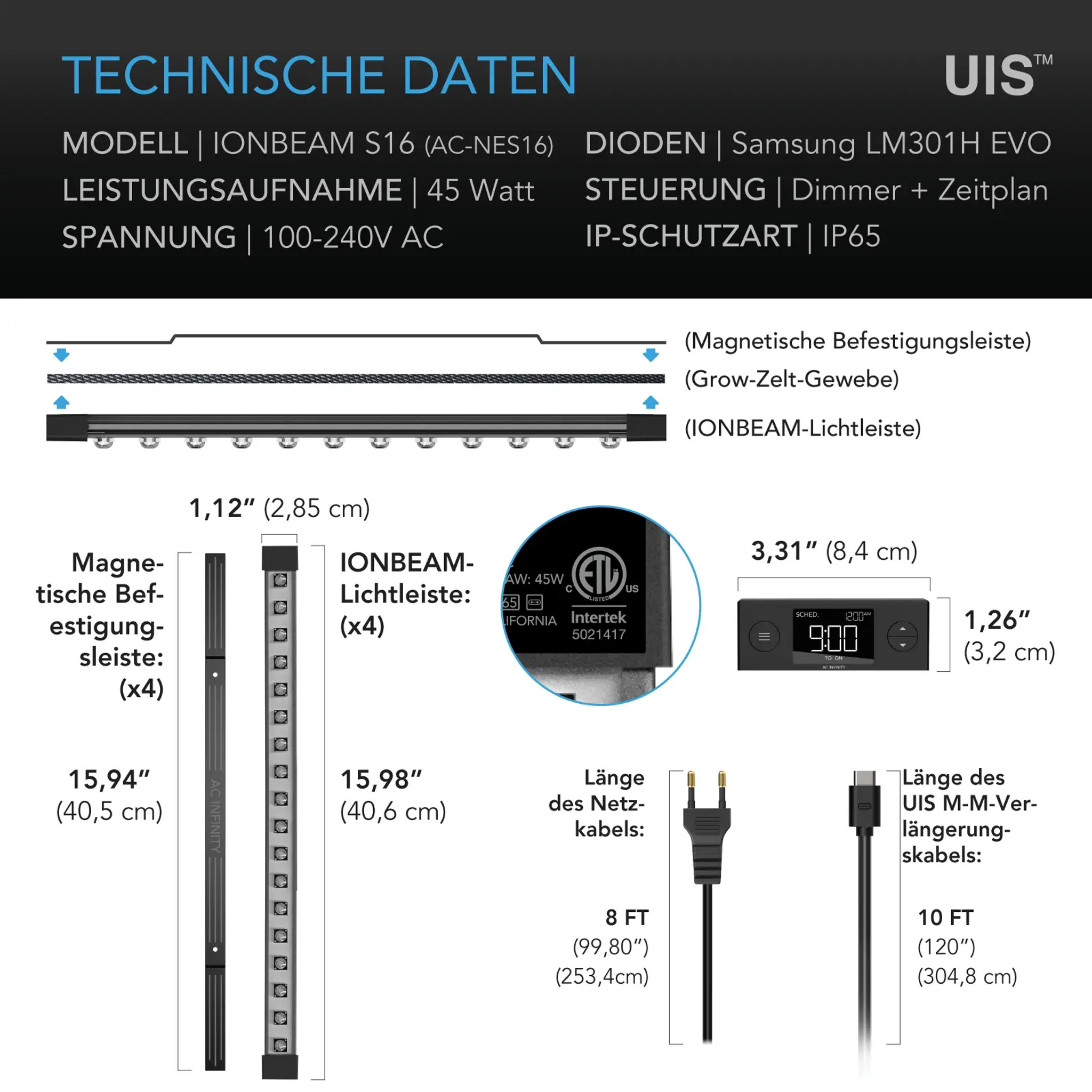 AC Infinity Ionbeam S16 AC-NES16 Vollspektrum LED-Leiste (Samsung LM301H EVO) 40,7cm