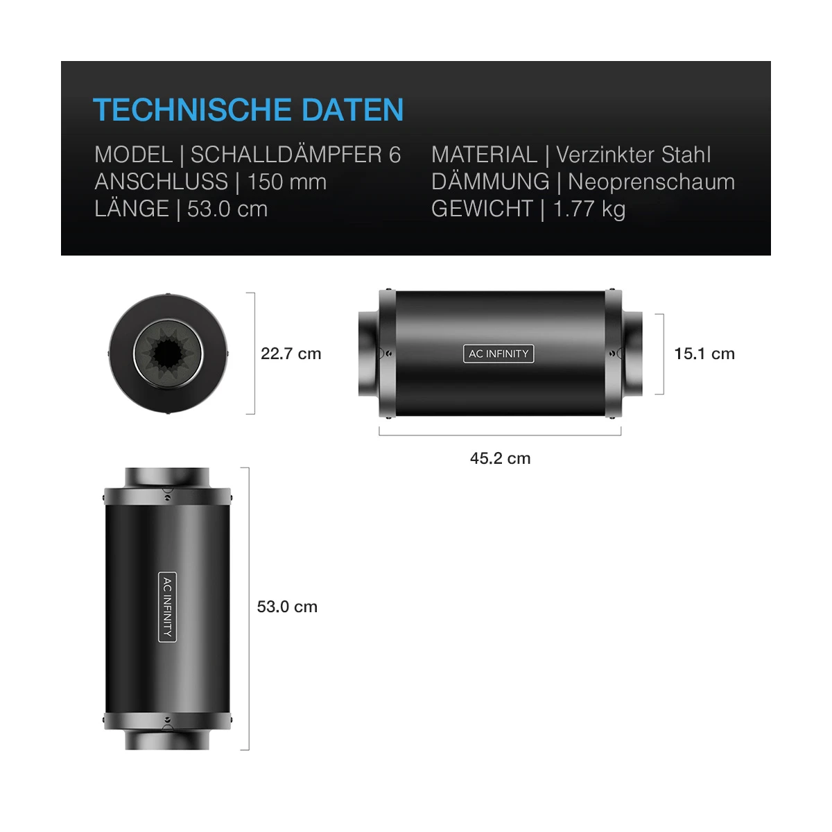 AC-Infinity Rohrschalldämpfer (150mm) Länge: 53cm (bis zu 50% Geräuschreduzierung)