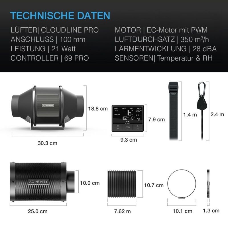 AC Infinity Abluft-Komplettset Pro 100, mit Lüfter, Filter, Smartcontroller, Schlauch und Sensoren /Luftstrom: 350 m3/h