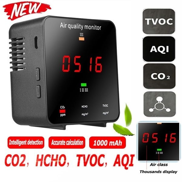 CO2-Messgerät Kohlendioxid-Detektor Luftqualitätsmonitor HCHO TVOC CO2 AQI Tester YOUSchwarz, bestquality