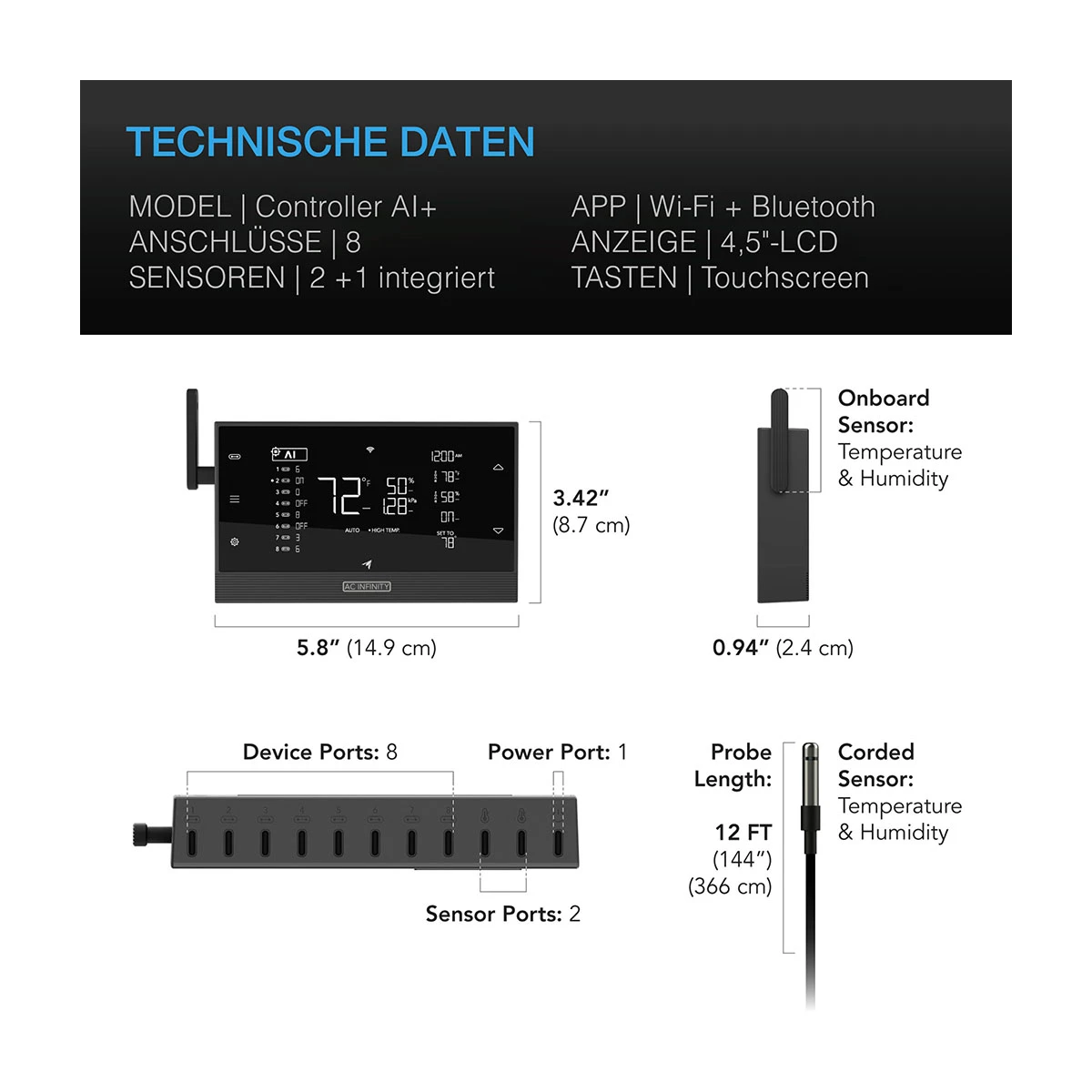 AC Infinity CONTROLLER AI+ Umweltcontroller, KI-gestütztes Lernen und dynamische Pegelanpassung