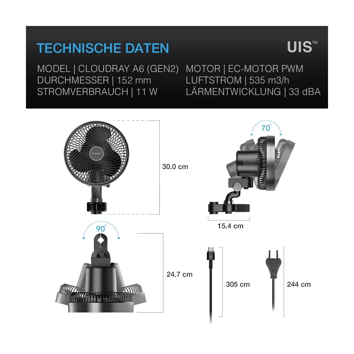 CLOUDRAY S6, GEN 2, Grow-Zelt-Clip-Ventilator 150 mm, EC-Motor, automatische Oszillation
